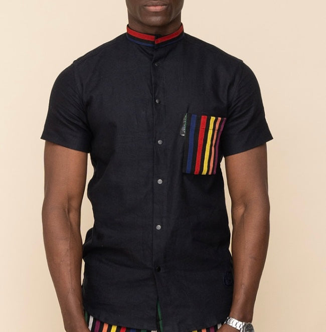 Aso Oke Accent Short Sleeve Shirt - Navy Blue